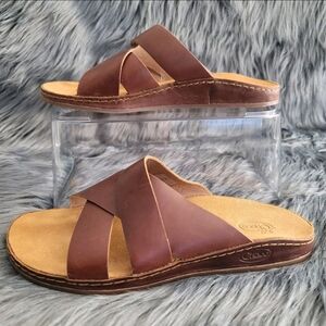 Chaco Brown Leather Cross-Strap Slide Sandals